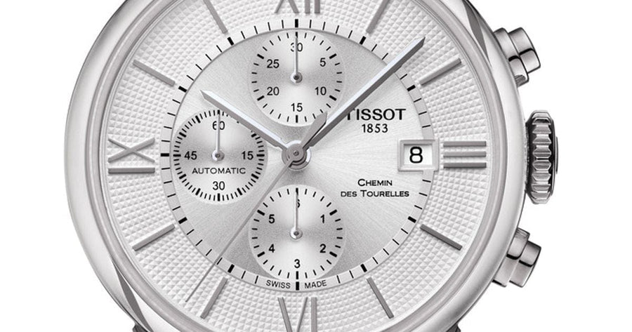 Tissot Chemin des Tourelles Automatic Chronograph White Dial Silver Steel Strap Watch for Men - T099.427.11.038.00