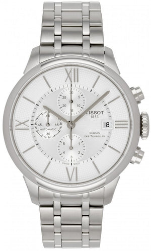 Tissot Chemin des Tourelles Automatic Chronograph White Dial Silver Steel Strap Watch for Men - T099.427.11.038.00