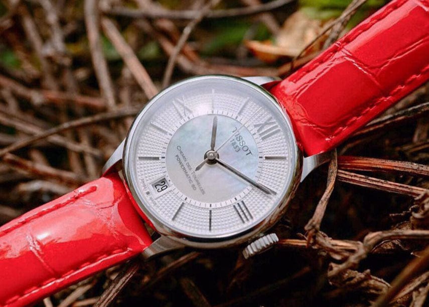 Tissot Chemin Des Tourelles Automatic Mother of Pearl White Dial Red Leather Strap Watch For Women - T099.207.16.118.00