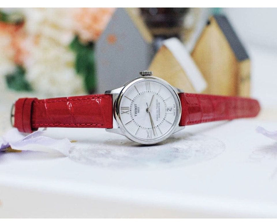 Tissot Chemin Des Tourelles Automatic Mother of Pearl White Dial Red Leather Strap Watch For Women - T099.207.16.118.00