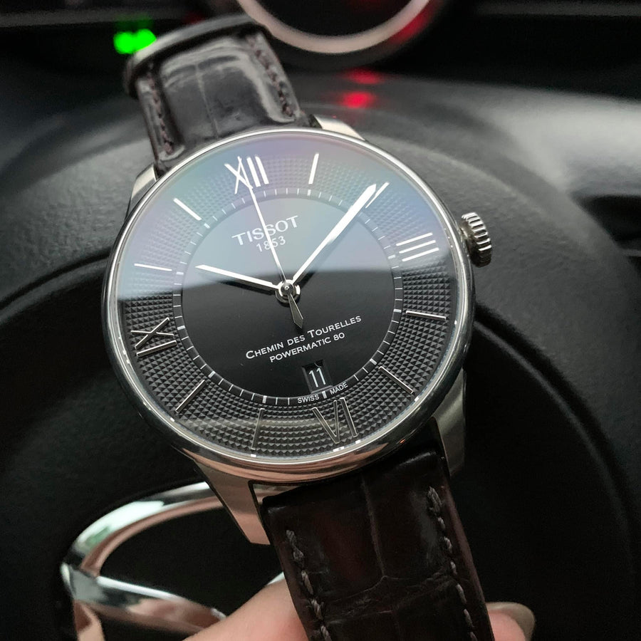 Tissot Chemin Des Tourelles Powermatic 80 Black Dial Black Leather Strap Watch For Men - T099.407.16.058.00