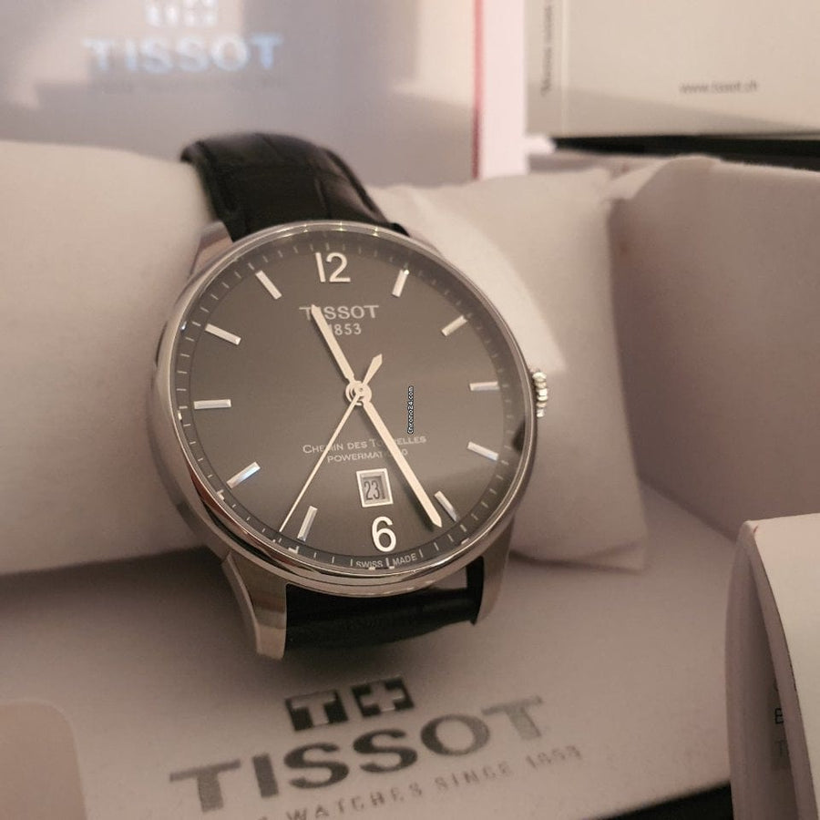 Tissot Chemin Des Tourelles Powermatic 80 Black Dial Black Leather Strap Watch For Men - T099.407.16.447.00