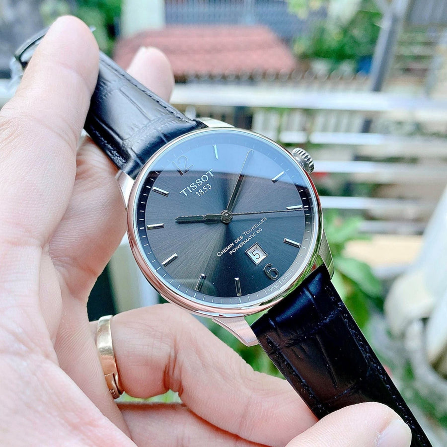 Tissot Chemin Des Tourelles Powermatic 80 Black Dial Black Leather Strap Watch For Men - T099.407.16.447.00