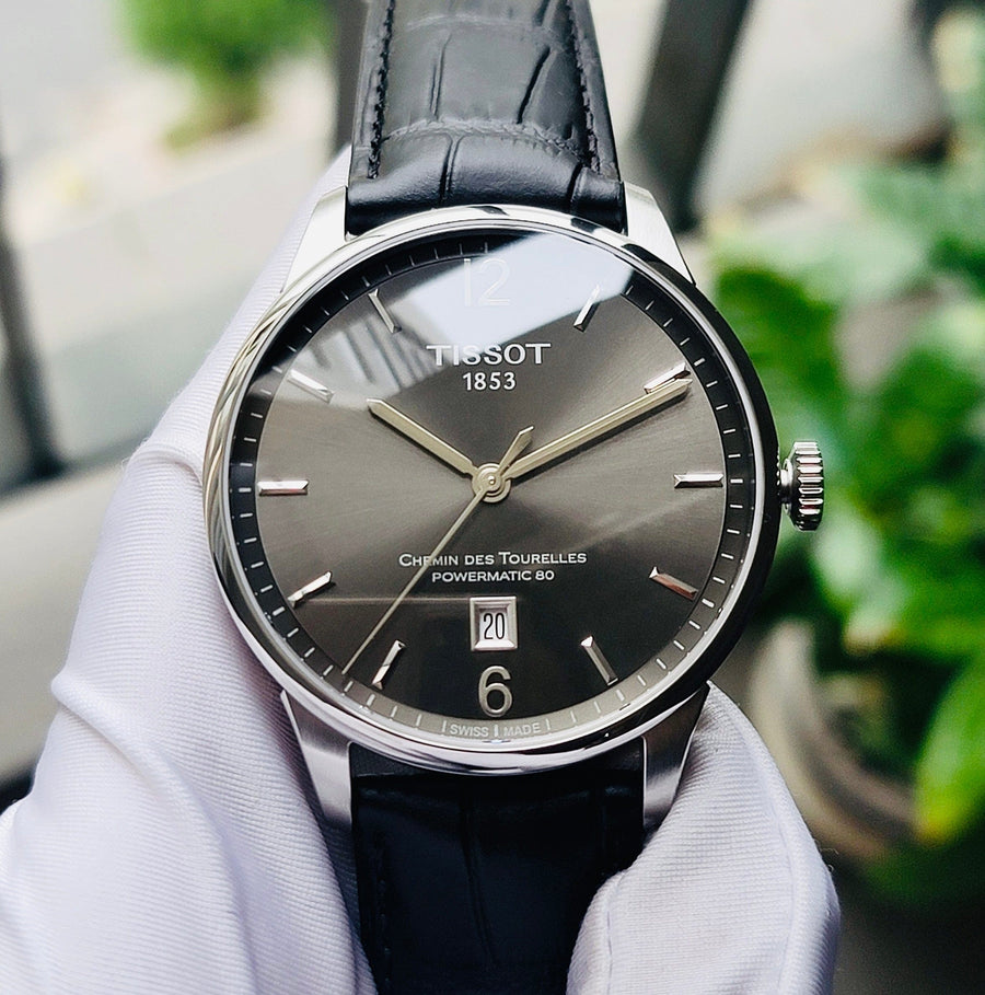 Tissot Chemin Des Tourelles Powermatic 80 Black Dial Black Leather Strap Watch For Men - T099.407.16.447.00