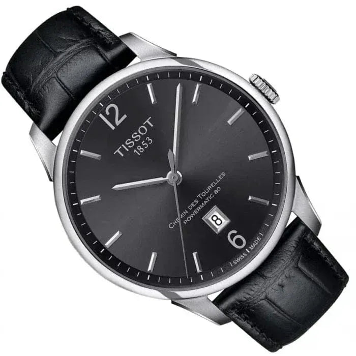 Tissot Chemin Des Tourelles Powermatic 80 Black Dial Black Leather Strap Watch For Men - T099.407.16.447.00
