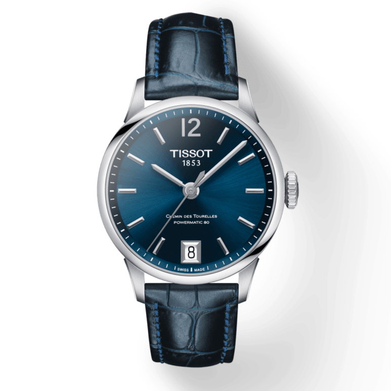 Tissot Chemin Des Tourelles Powermatic 80 Lady Blue Dial Blue Leather Strap Watch For Women - T099.207.16.047.00