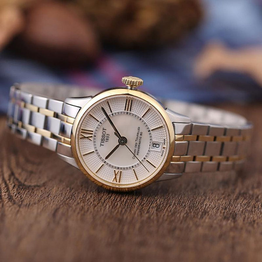Tissot Chemin Des Tourelles Powermatic 80 Lady Mother of Pearl White Dial Two Tone Steel Strap Watch For Women - T099.207.22.118.00