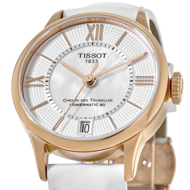 Tissot Chemin Des Tourelles Powermatic 80 Lady Silver Dial White Leather Strap Watch For Women - T099.207.36.118.00