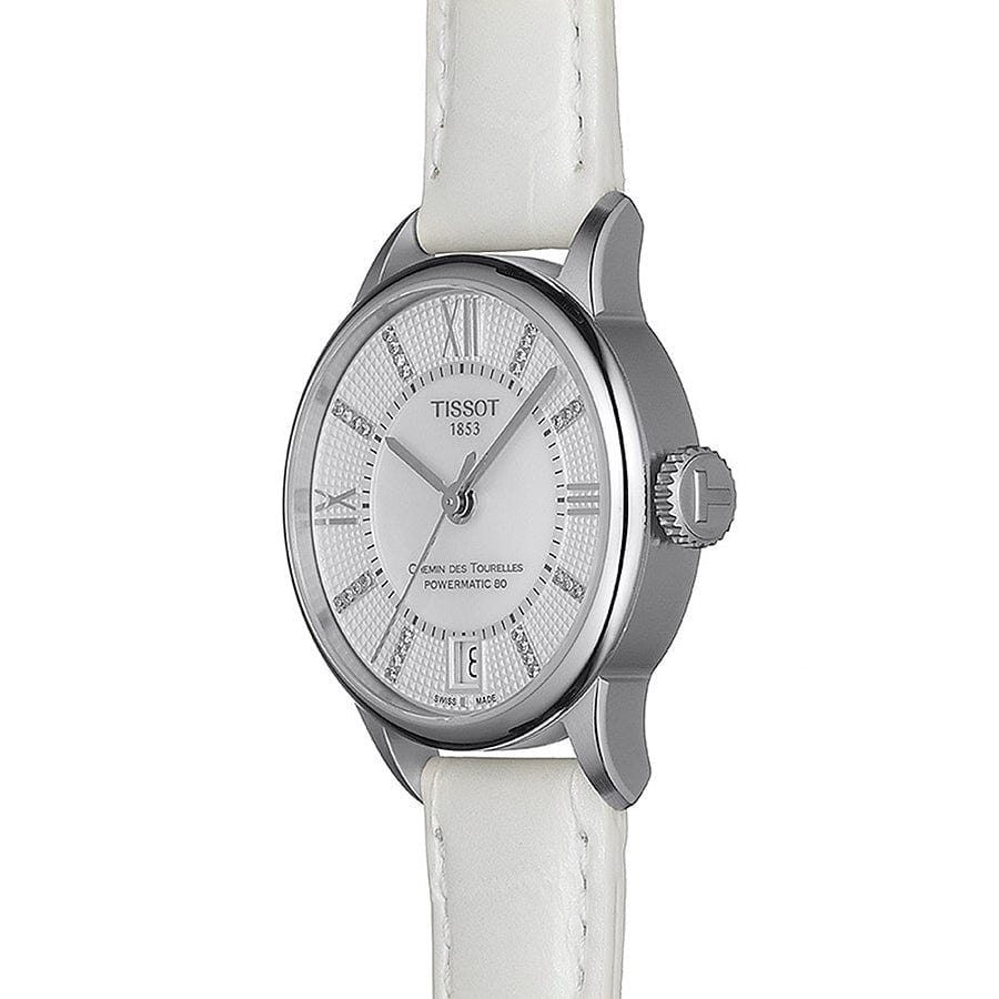 Tissot Chemin Des Tourelles Powermatic 80 Lady White Dial White Leather Strap Watch For Women - T099.207.16.116.00