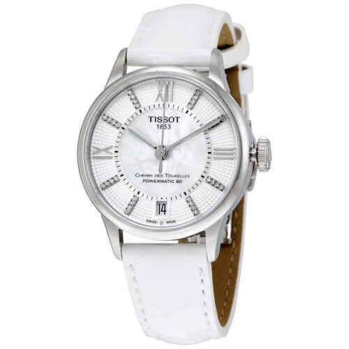 Tissot Chemin Des Tourelles Powermatic 80 Lady White Dial White Leather Strap Watch For Women - T099.207.16.116.00