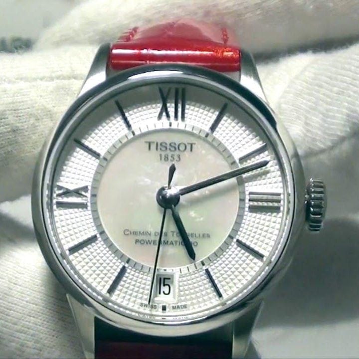 Tissot Chemin Des Tourelles Powermatic 80 Mother of Pearl White Dial Red Leather Strap Watch For Women - T099.207.16.118.00
