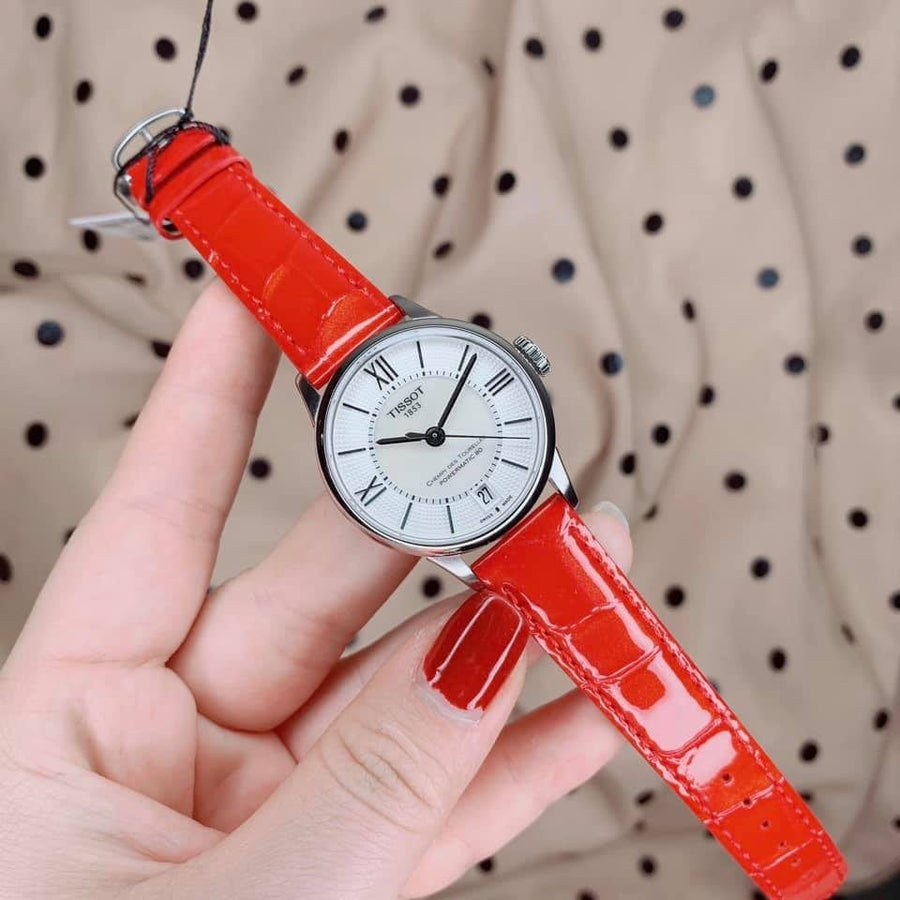 Tissot Chemin Des Tourelles Powermatic 80 Mother of Pearl White Dial Red Leather Strap Watch For Women - T099.207.16.118.00