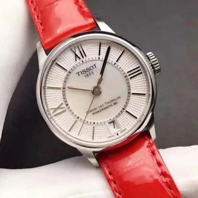 Tissot Chemin Des Tourelles Powermatic 80 Mother of Pearl White Dial Red Leather Strap Watch For Women - T099.207.16.118.00