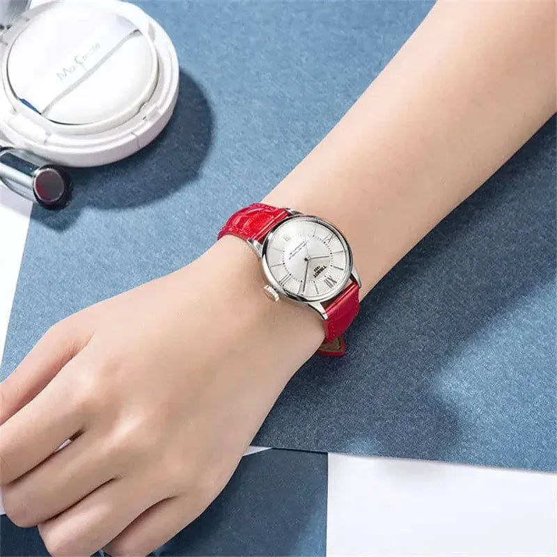 Tissot Chemin Des Tourelles Powermatic 80 Mother of Pearl White Dial Red Leather Strap Watch For Women - T099.207.16.118.00