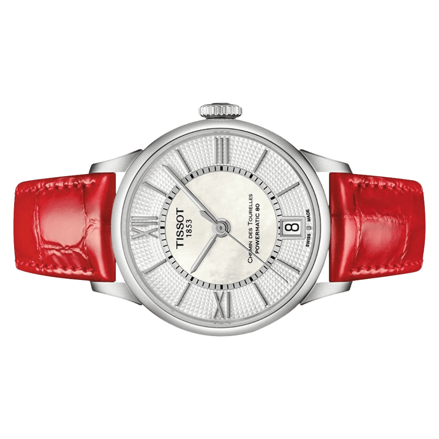 Tissot Chemin Des Tourelles Powermatic 80 Mother of Pearl White Dial Red Leather Strap Watch For Women - T099.207.16.118.00