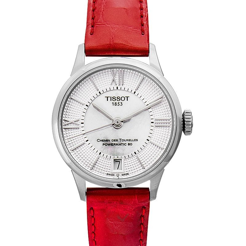 Tissot Chemin Des Tourelles Powermatic 80 Mother of Pearl White Dial Red Leather Strap Watch For Women - T099.207.16.118.00