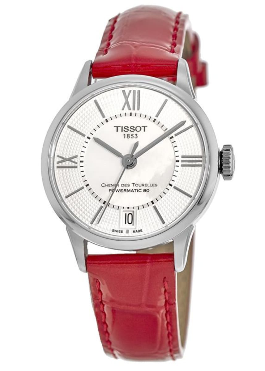 Tissot Chemin Des Tourelles Powermatic 80 Mother of Pearl White Dial Red Leather Strap Watch For Women - T099.207.16.118.00