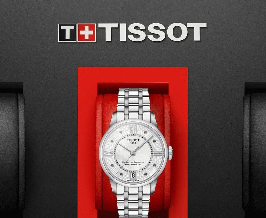 Tissot Chemin Des Tourelles Powermatic 80 Rubies Mother of Pearl Dial Silver Steel Strap Watch For Women - T099.207.11.113.00