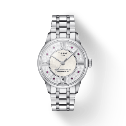 Tissot Chemin Des Tourelles Powermatic 80 Rubies Mother of Pearl Dial Silver Steel Strap Watch For Women - T099.207.11.113.00