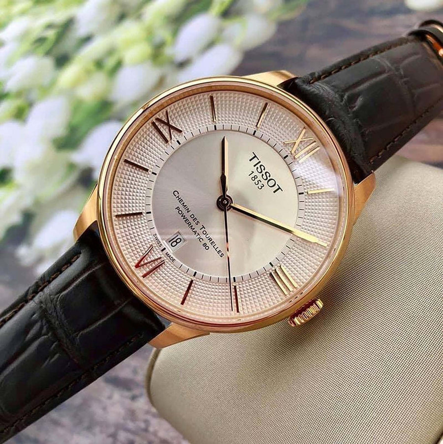 Tissot Chemin Des Tourelles Powermatic 80 Silver Dial Brown Leather Strap Watch For Men - T099.407.36.038.00