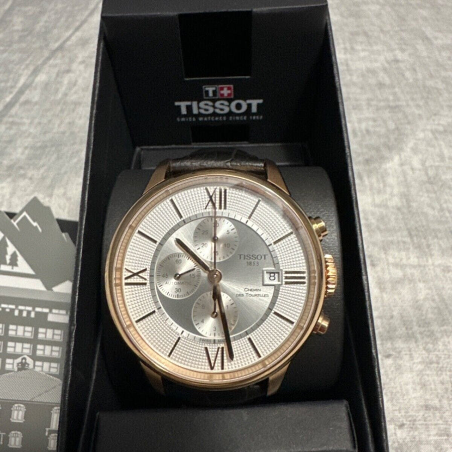 Tissot Des Tourelles Chronograph Silver Dial Brown Leather Strap Watch For Men - T099.427.36.038.00
