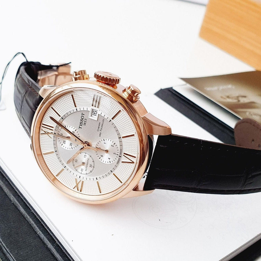 Tissot Des Tourelles Chronograph Silver Dial Brown Leather Strap Watch For Men - T099.427.36.038.00