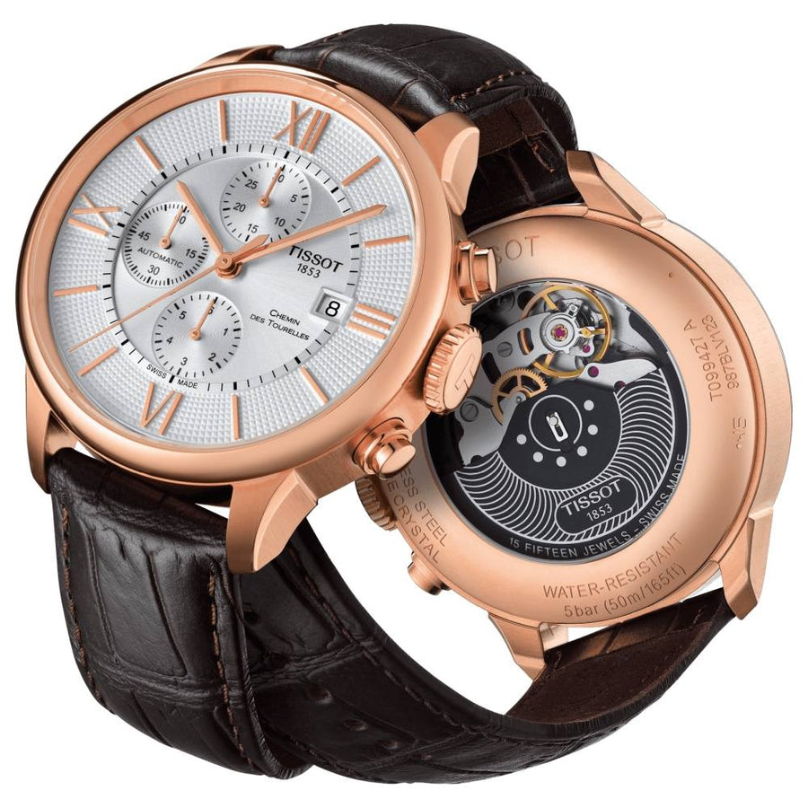 Tissot Des Tourelles Chronograph Silver Dial Brown Leather Strap Watch For Men - T099.427.36.038.00