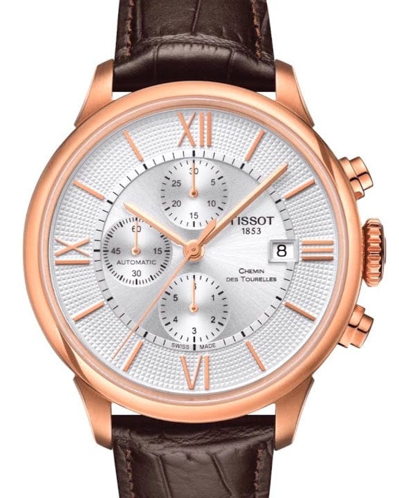Tissot Des Tourelles Chronograph Silver Dial Brown Leather Strap Watch For Men - T099.427.36.038.00