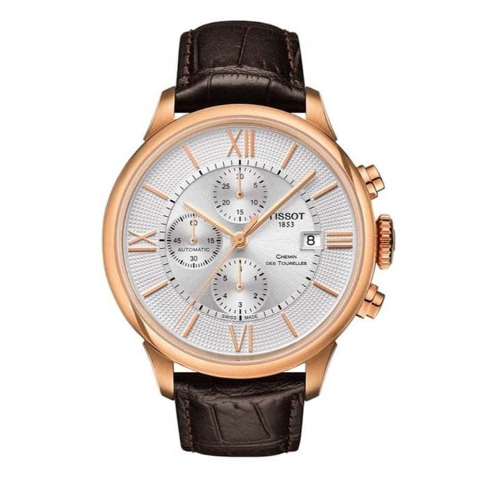 Tissot Des Tourelles Chronograph Silver Dial Brown Leather Strap Watch For Men - T099.427.36.038.00
