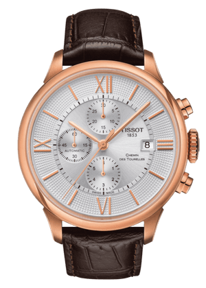 Tissot Des Tourelles Chronograph Silver Dial Brown Leather Strap Watch For Men - T099.427.36.038.00