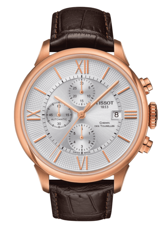 Tissot Des Tourelles Chronograph Silver Dial Brown Leather Strap Watch For Men - T099.427.36.038.00