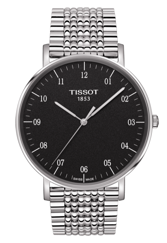 Tissot Everytime Large Black Dial Silver Mesh Bracelet Watch For Men - T109.610.11.077.00