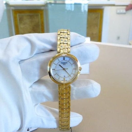 Tissot Flamingo Mother of Pearl White Dial Gold Steel Strap Watch For Women - T094.210.33.111.00