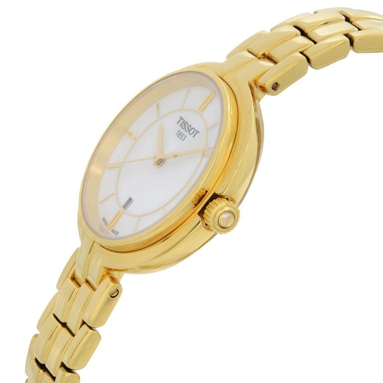 Tissot Flamingo Mother of Pearl White Dial Gold Steel Strap Watch For Women - T094.210.33.111.00