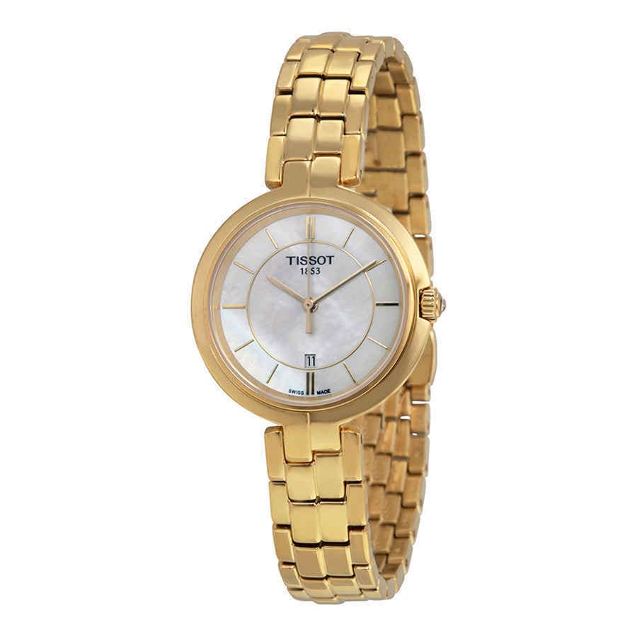 Tissot Flamingo Mother of Pearl White Dial Gold Steel Strap Watch For Women - T094.210.33.111.00