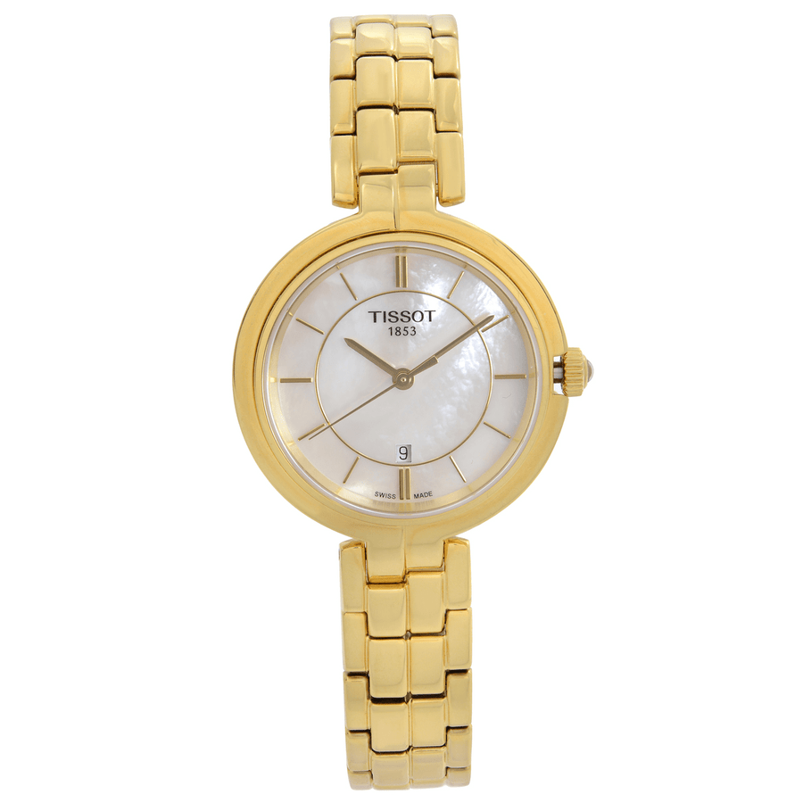 Tissot Flamingo Mother of Pearl White Dial Gold Steel Strap Watch For Women - T094.210.33.111.00