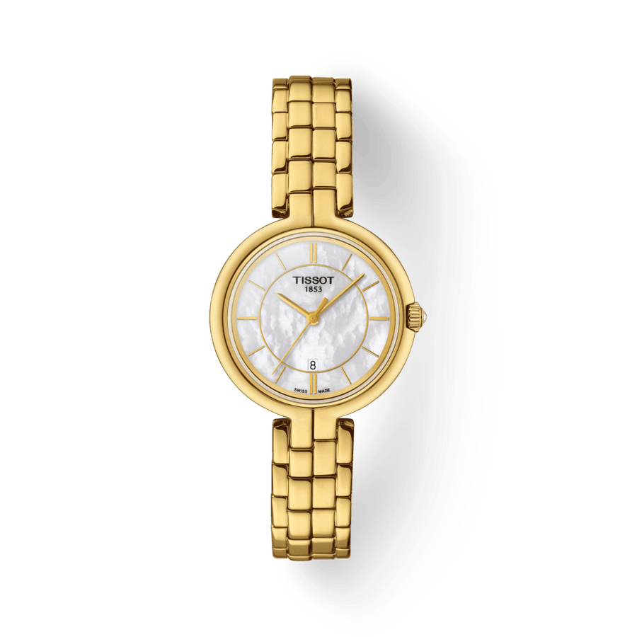 Tissot Flamingo Mother of Pearl White Dial Gold Steel Strap Watch For Women - T094.210.33.111.00