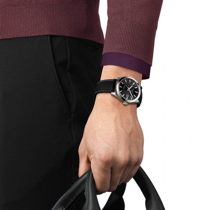 Tissot Gentleman Powermatic 80 Silicium Black Dial Black Leather Strap Watch For Men - T127.407.16.051.00