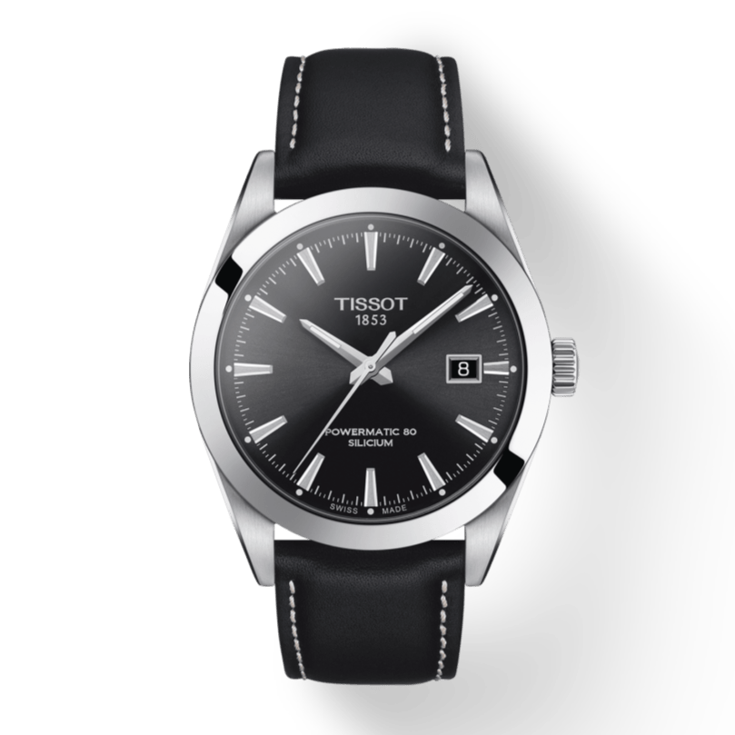 Tissot Gentleman Powermatic 80 Silicium Black Dial Black Leather Strap Watch For Men - T127.407.16.051.00