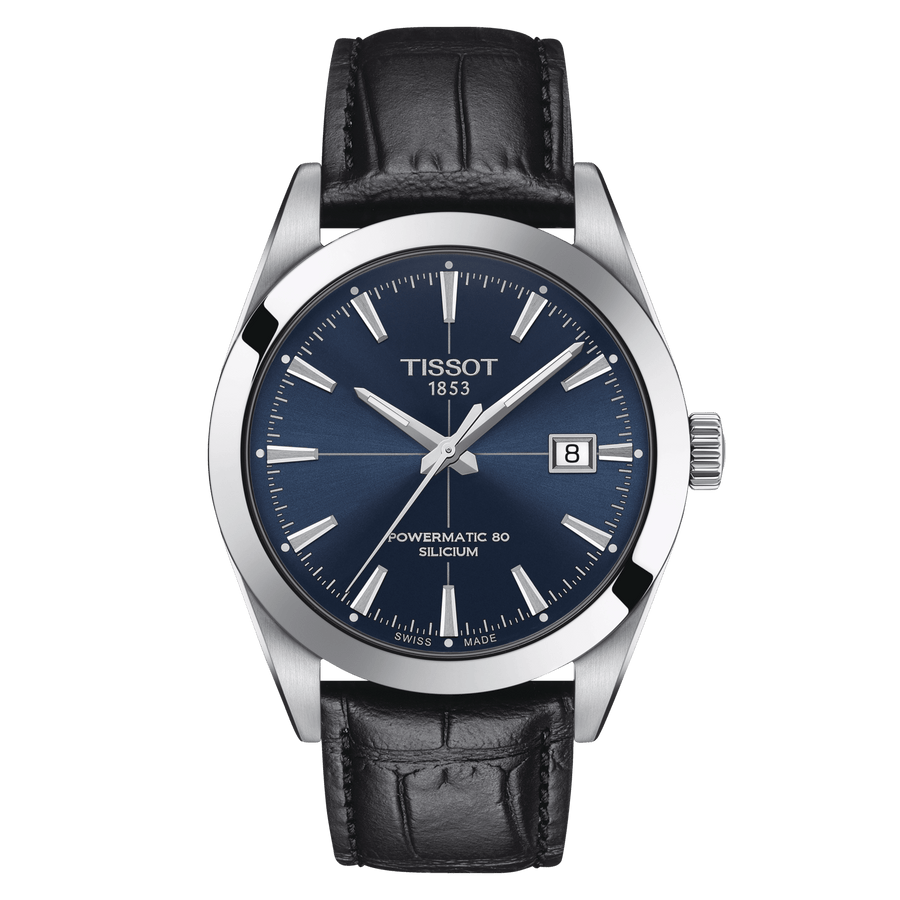 Tissot Gentleman Powermatic 80 Silicium Blue Dial Black Leather Strap Watch For Men - T127.407.16.041.01