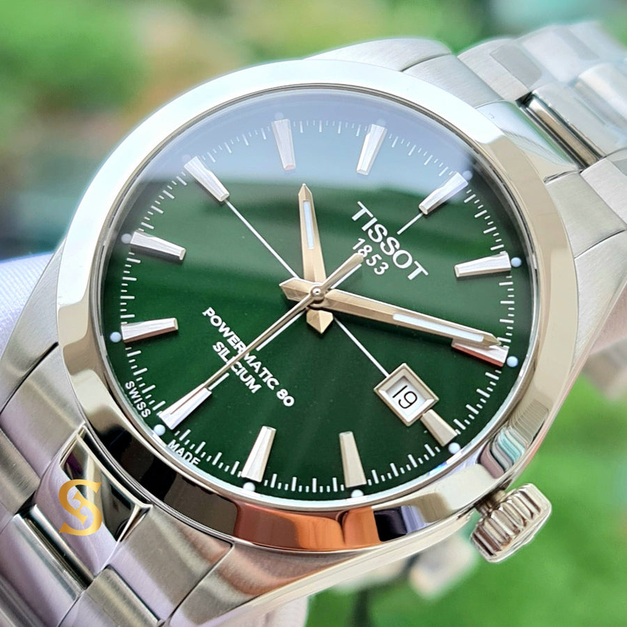 Tissot Gentleman Powermatic 80 Silicium Green Dial Silver Steel Strap Watch For Men - T127.407.11.091.01