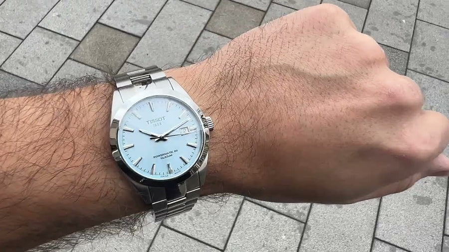 Tissot Gentleman Powermatic 80 Silicium Ice Blue Silver Steel Strap Watch For Men - T127.407.11.351.00