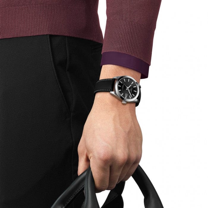 Tissot Gentleman Powermatic 80 Silicium Black Dial Black Leather Strap Watch For Men - T127.407.16.051.00