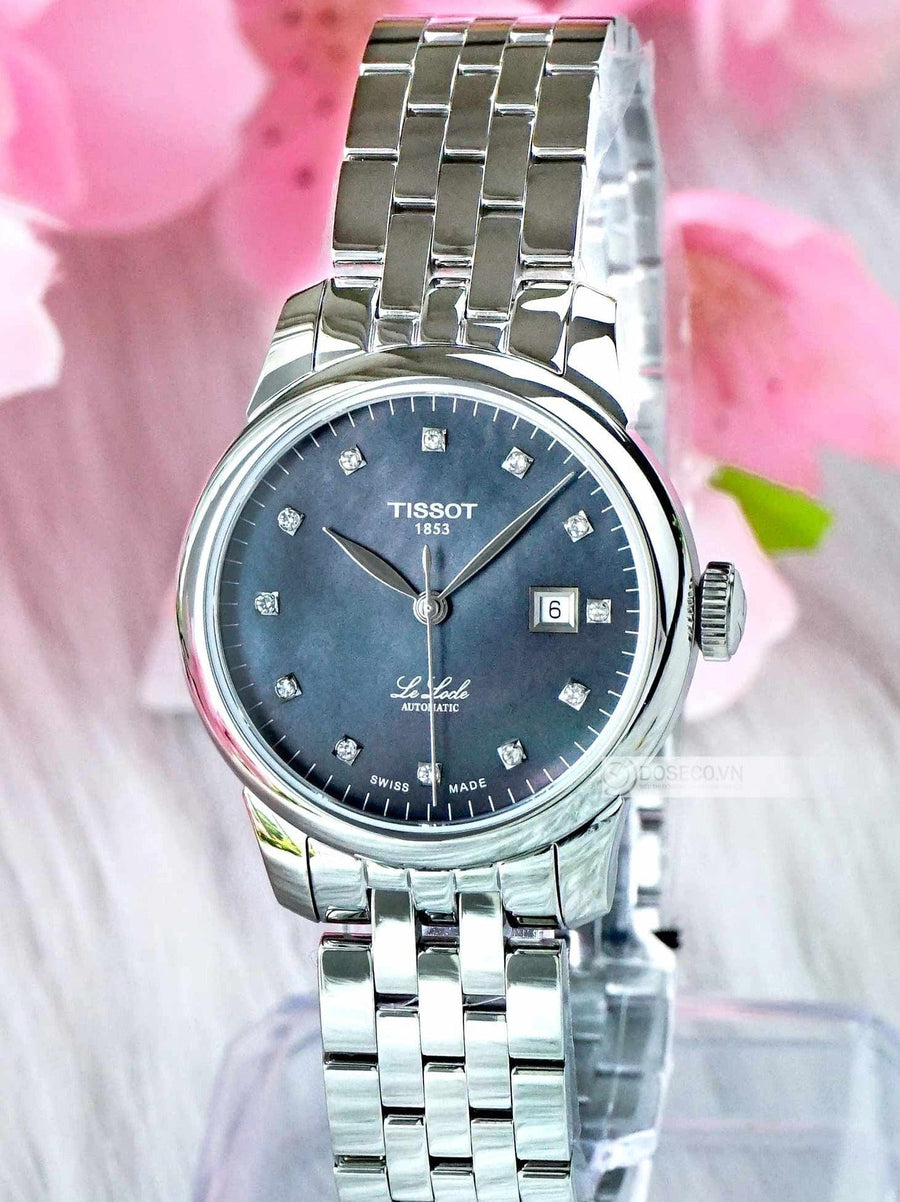Tissot Le Locle Automatic Diamonds Mother of Pearl Black Dial Silver Steel Strap Watch For Women - T006.207.11.126.00