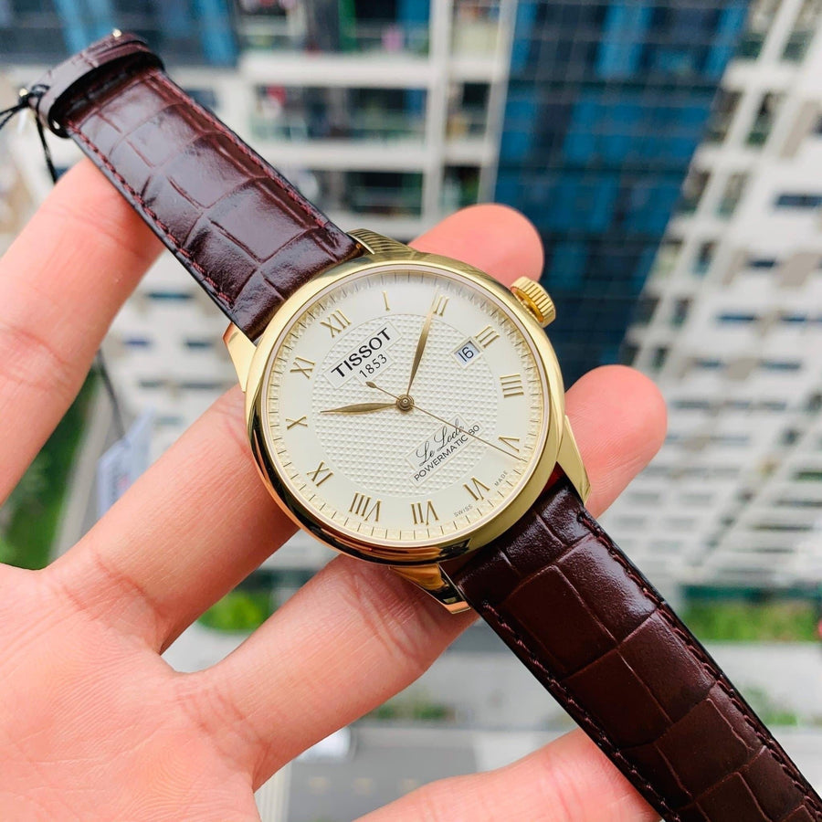 Tissot Le Locle Powermatic 80 Gold Dial Brown Leather Strap Watch For Men - T006.407.36.263.00