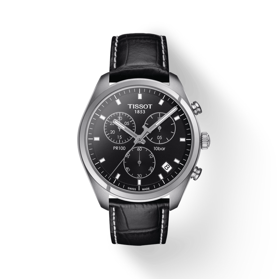 Tissot PR 100 Chronograph Black Dial Black Leather Strap Watch For Men - T101.417.16.051.00
