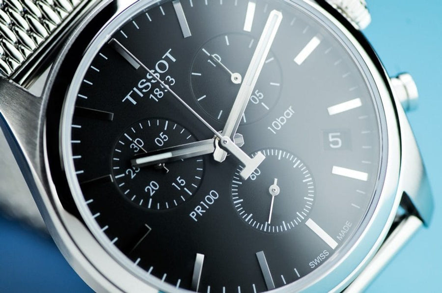 Tissot PR 100 Chronograph Black Dial Silver Mesh Bracelet Watch For Men - T101.417.11.051.01