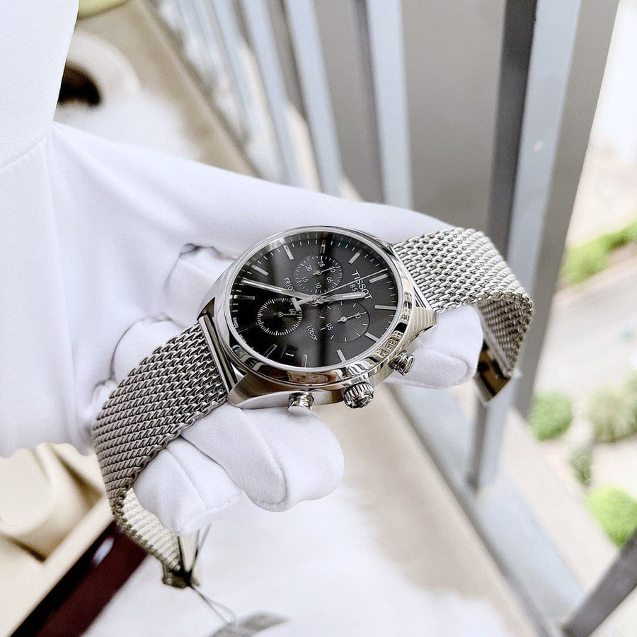 Tissot PR 100 Chronograph Black Dial Silver Mesh Bracelet Watch For Men - T101.417.11.051.01