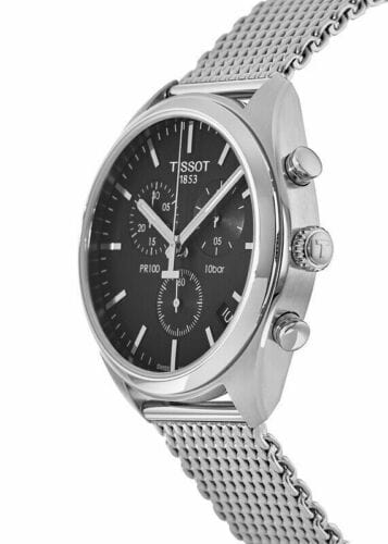 Tissot PR 100 Chronograph Black Dial Silver Mesh Bracelet Watch For Men - T101.417.11.051.01