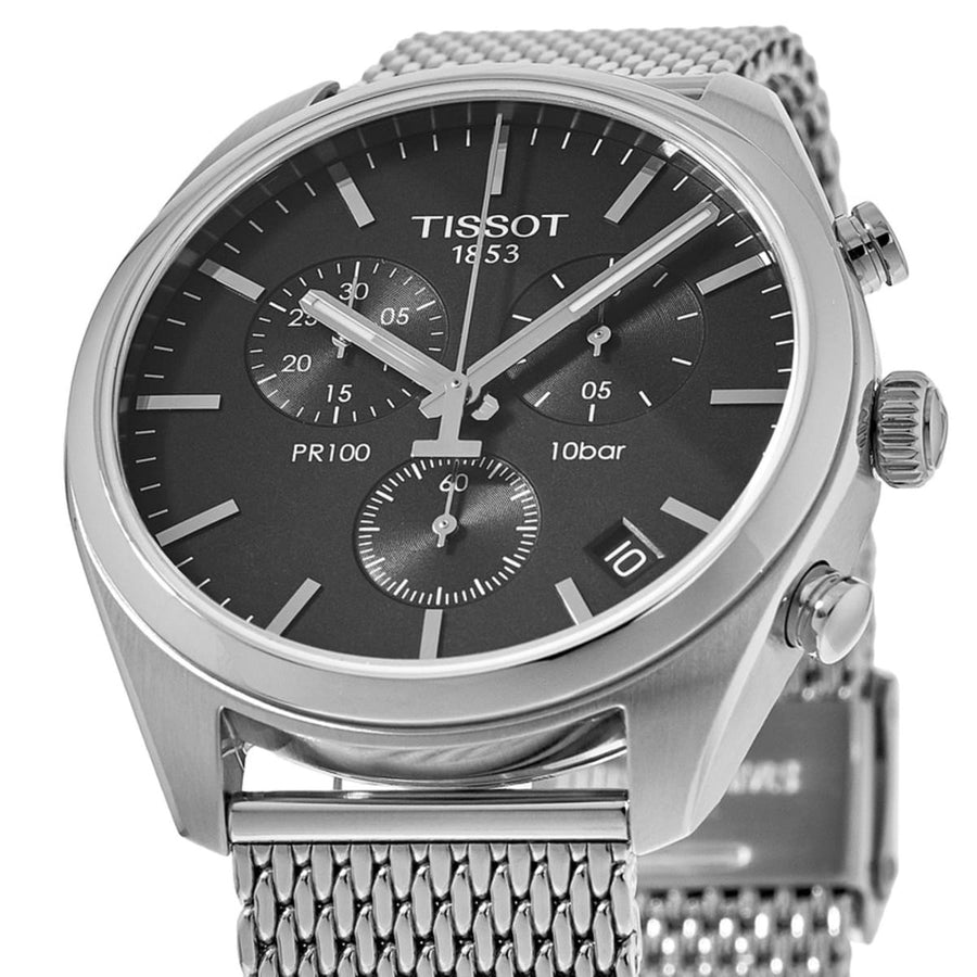 Tissot PR 100 Chronograph Black Dial Silver Mesh Bracelet Watch For Men - T101.417.11.051.01